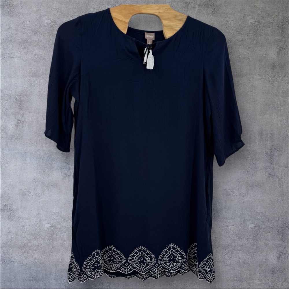 Chico's Embroidered Hem Dress Navy Blue Size 3 - Picture 2 of 10
